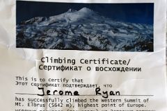 11E Jerome Ryan Mount Elbrus West Main Peak Summit Climbing Certificate